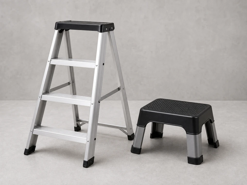 Stable step ladder positioned for two-handed ceiling fan canopy work