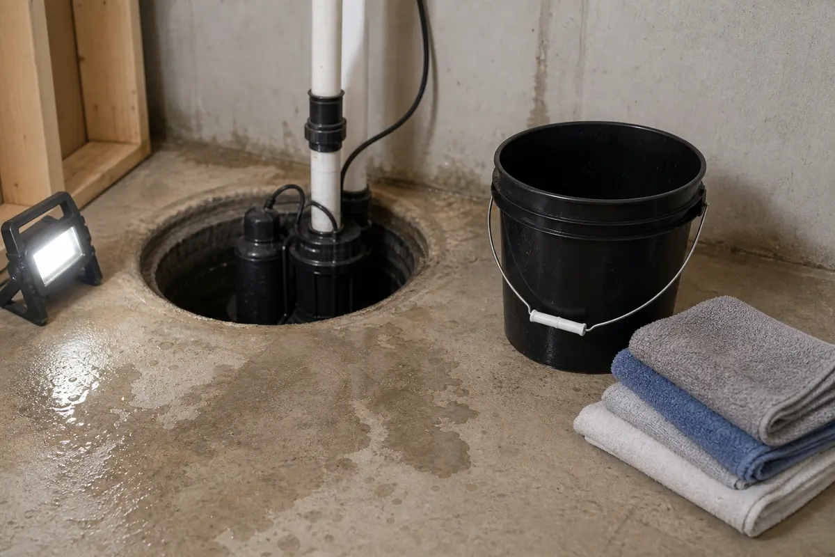 Bucket and towels for sump pump not working