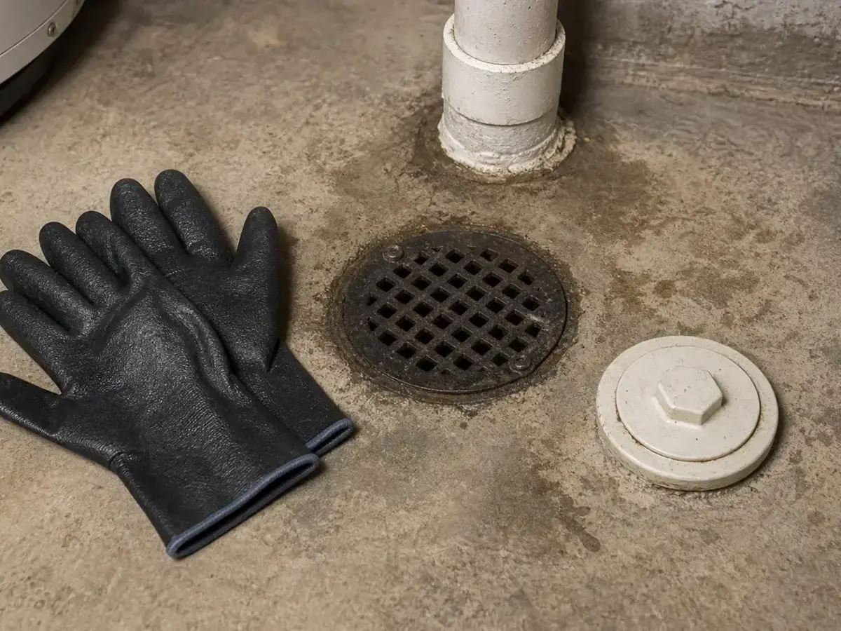 Waterproof work gloves for clearing light ice near a sump pump discharge outlet