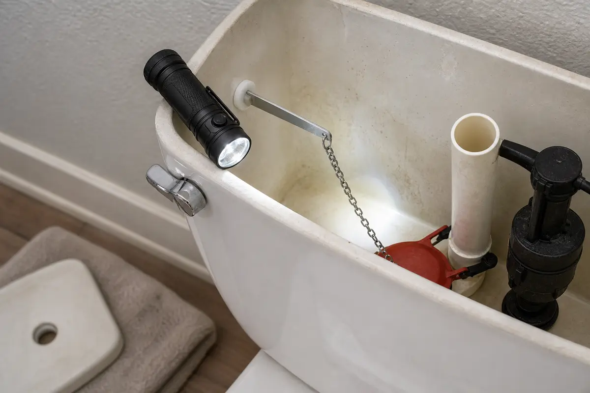 Inspection flashlight used to see a running toilet tank overflow tube and chain path