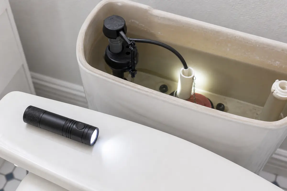 Inspection flashlight used to see a running toilet tank overflow tube and chain path