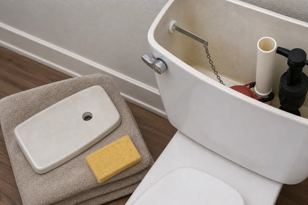 Towels and sponge for drying around a toilet tank during a running toilet repair