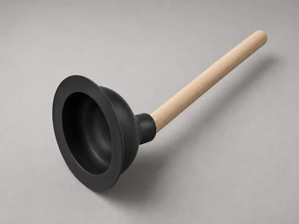 Flange toilet plunger beside a toilet for bowl-side clearing