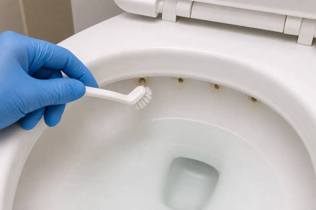 Nonmetal brush cleaning mineral buildup from toilet rim jet holes