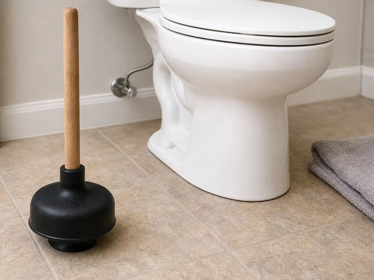 Flange toilet plunger beside a toilet for bowl-side clearing