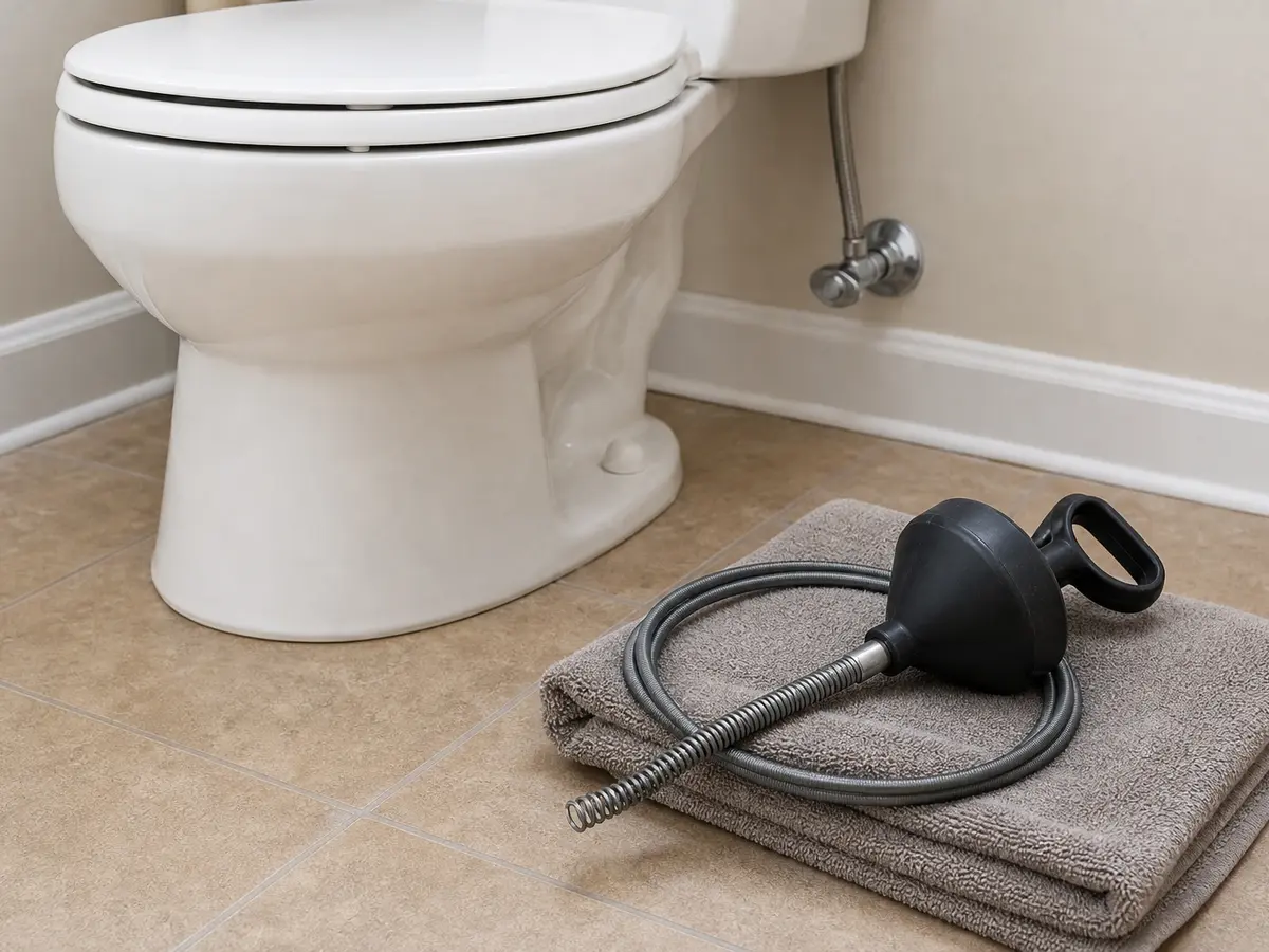 Toilet auger staged beside a toilet for trapway clearing