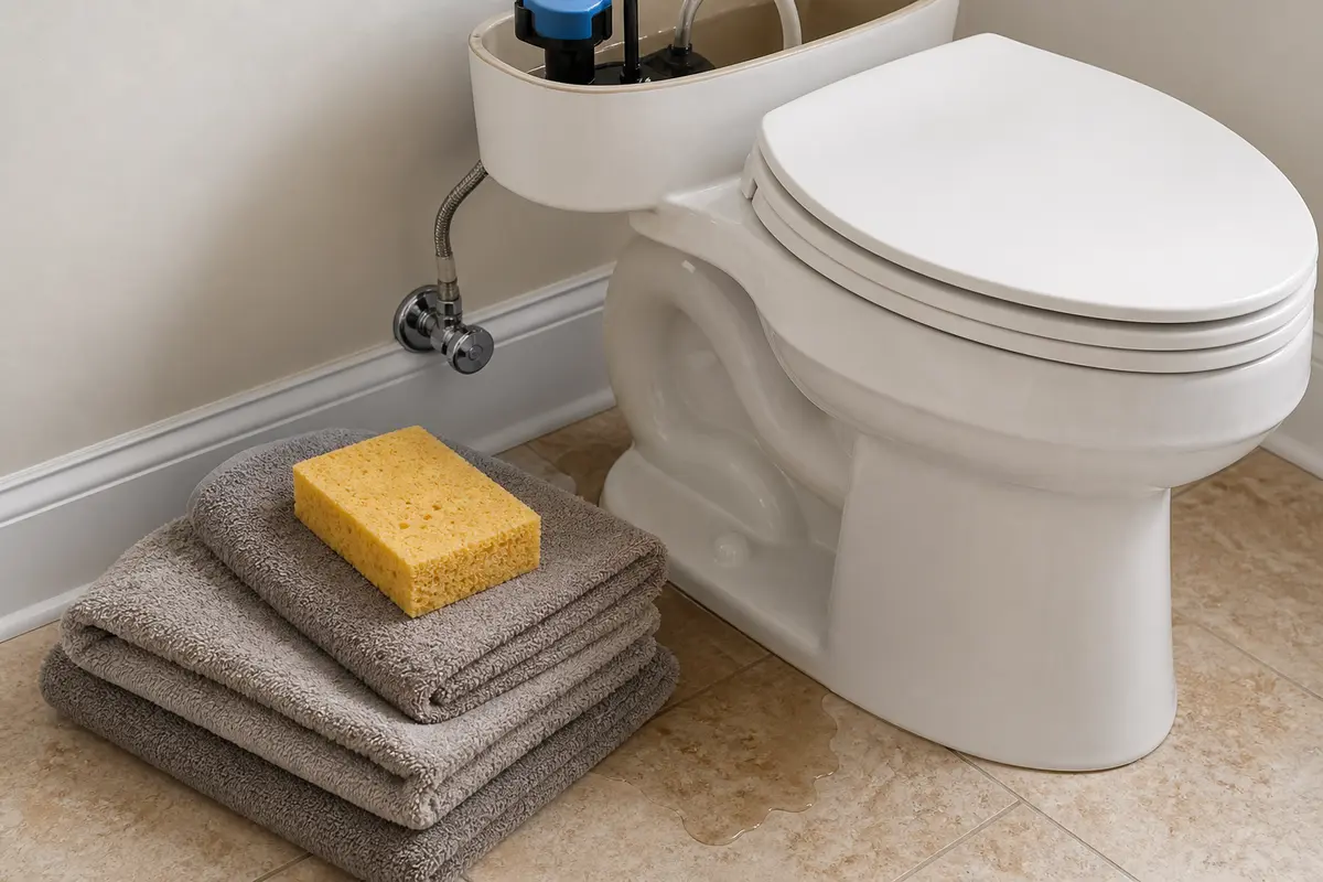 Towels gloves and sponge for toilet repair cleanup