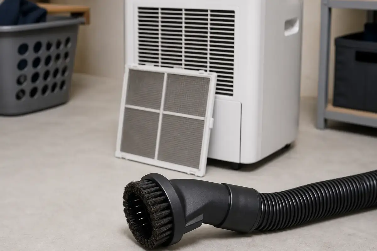 Vacuum brush attachment beside a dehumidifier filter for airflow cleaning
