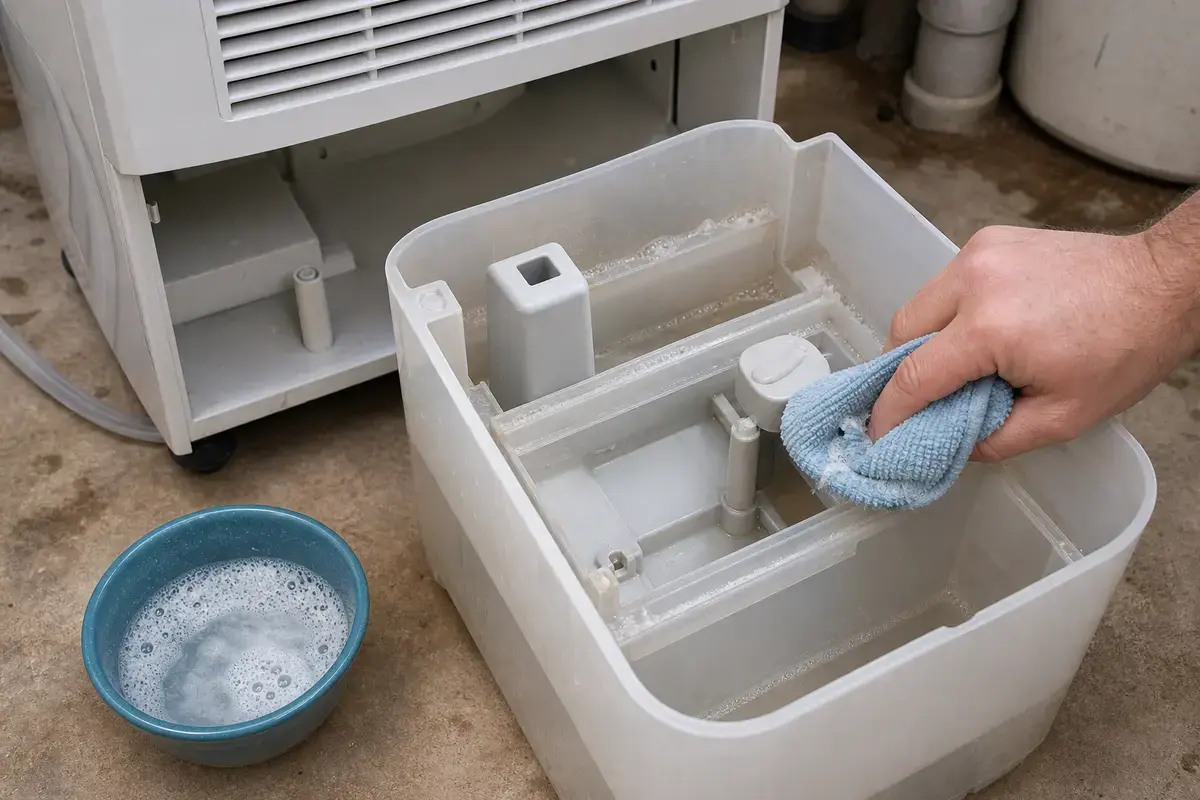 Dehumidifier bucket and float area being cleaned with a soft cloth