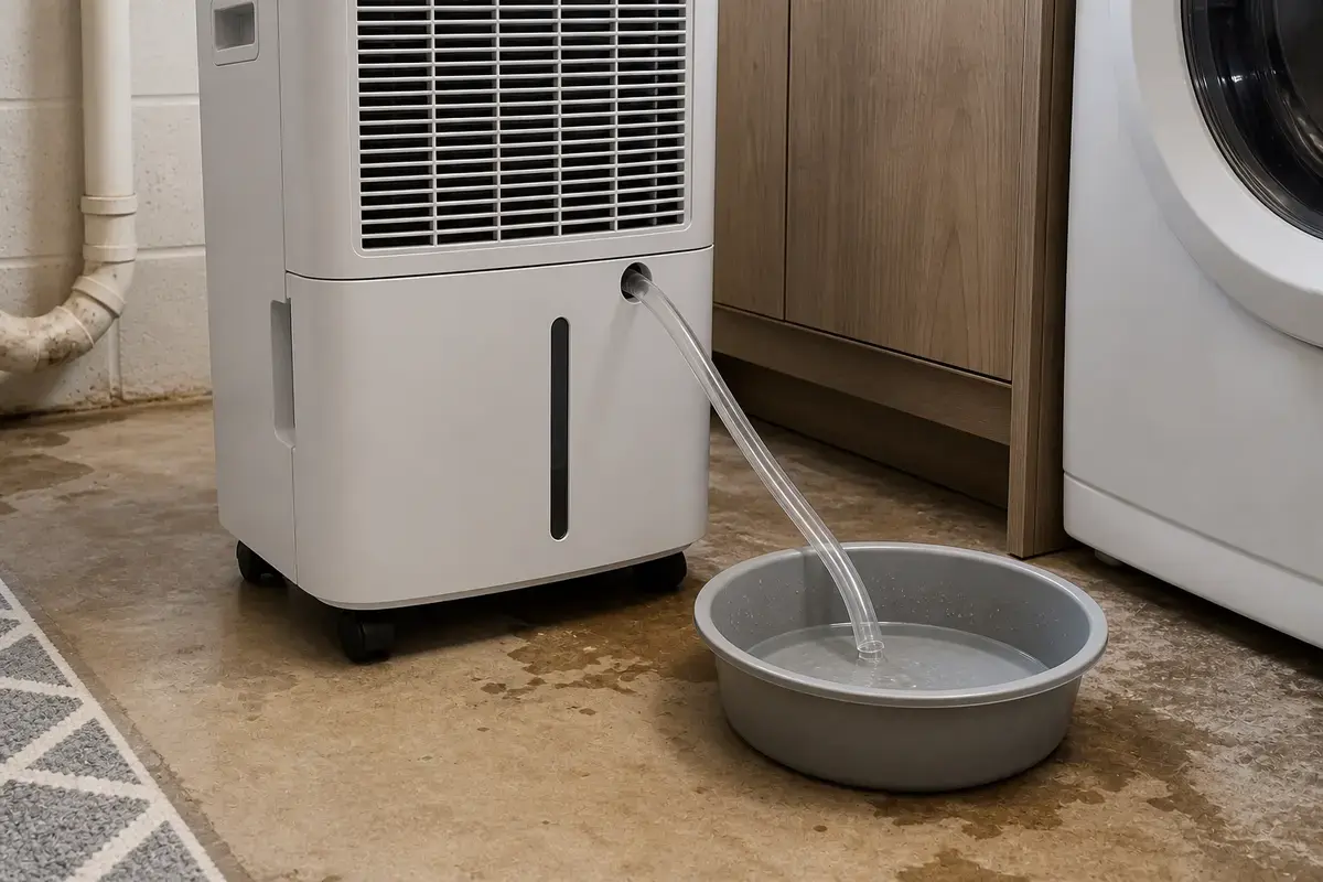 Short dehumidifier drain hose aimed into a small catch bucket