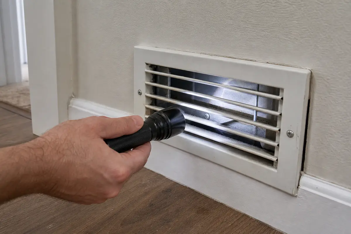 Flashlight aimed at an HVAC vent grille during whistling noise inspection