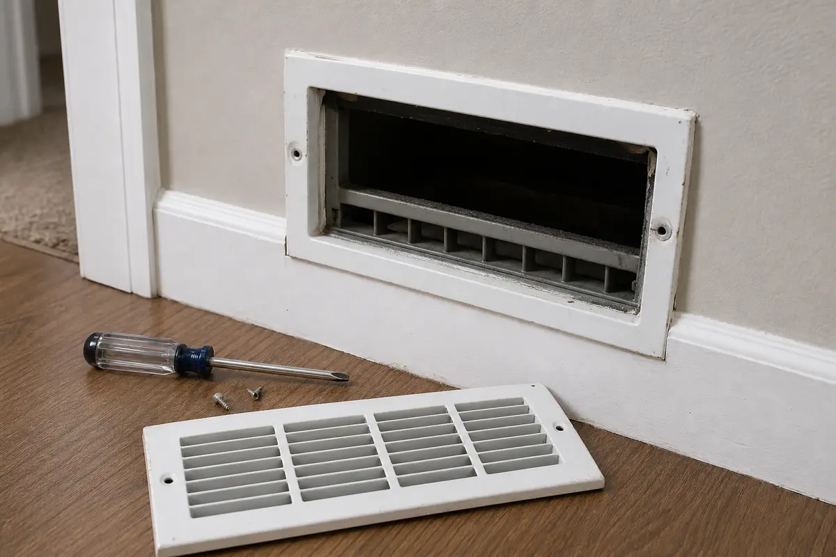 Screwdriver beside a removed vent cover for tightening a loose register