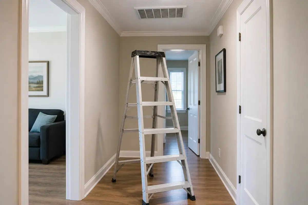 Step ladder set safely below a ceiling HVAC register