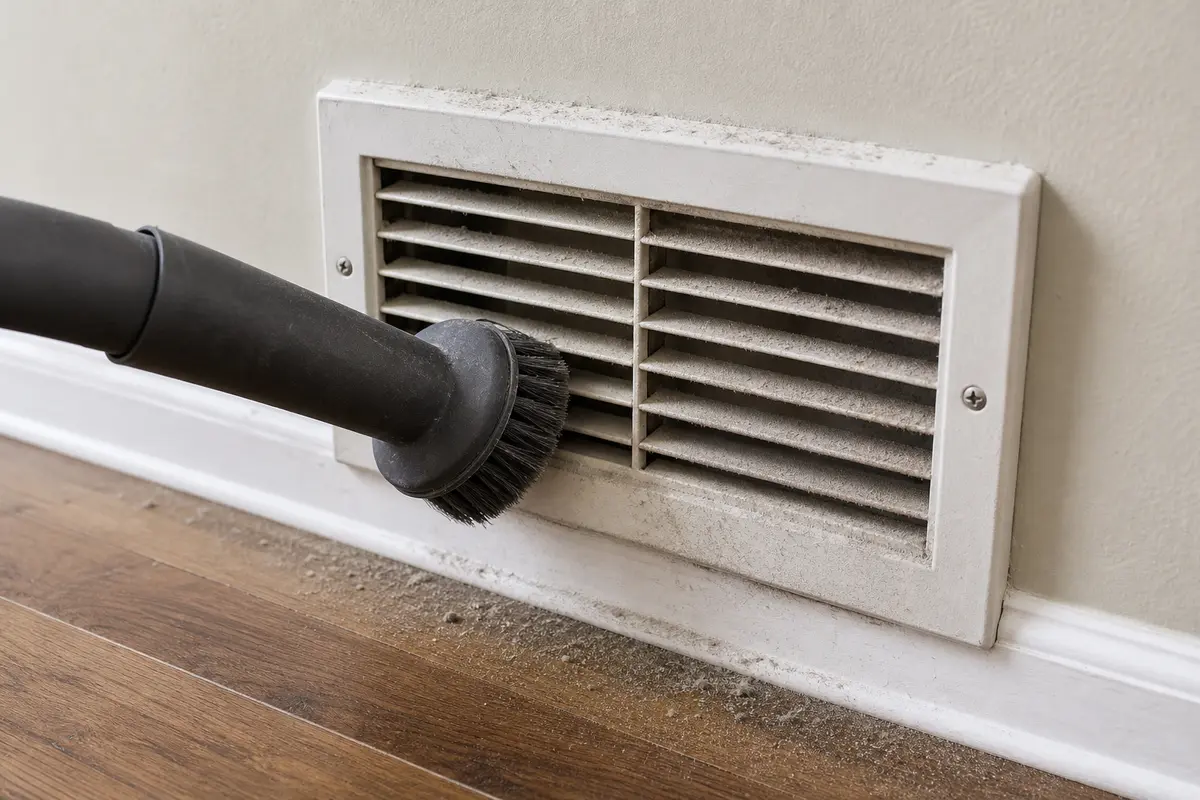 Vacuum brush cleaning dust from an HVAC register face