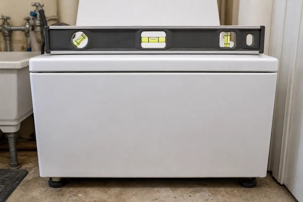 Bubble level checking the top edge of a washer cabinet
