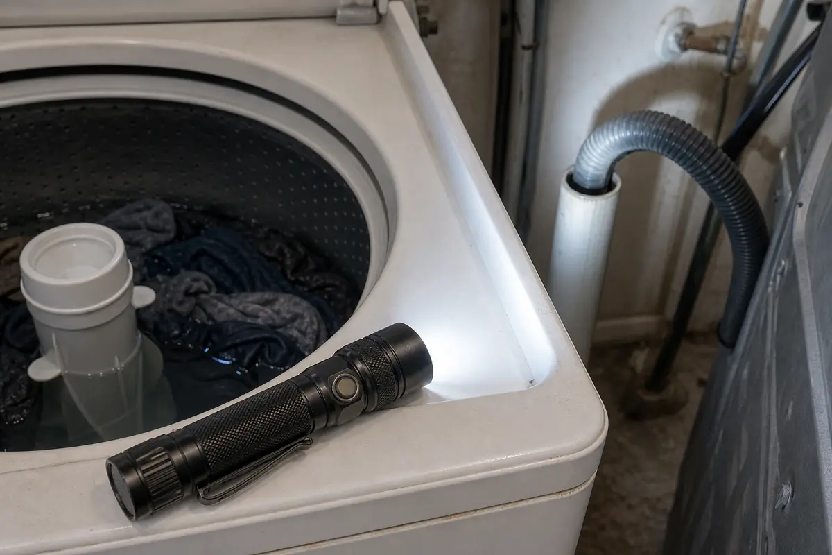 Inspection flashlight on a washer near a wet load and drain-hose check