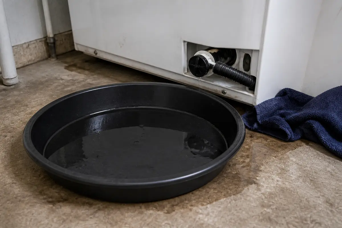 Shallow drain pan on the floor beside a washer drain check