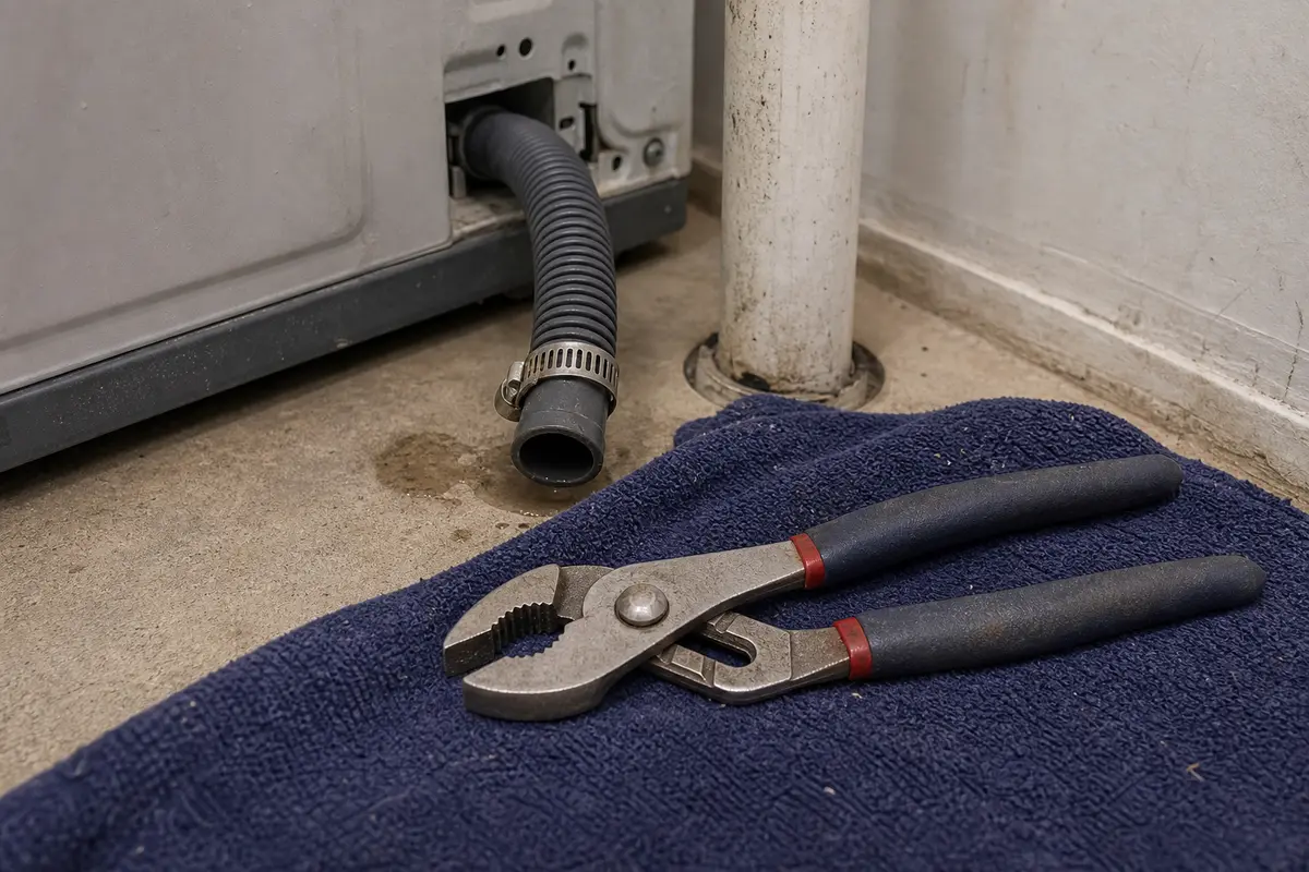 Slip-joint pliers beside a washer drain hose clamp