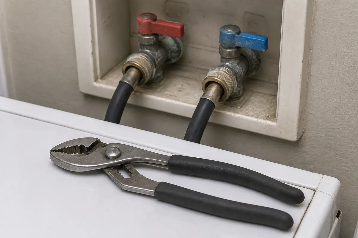 Slip-joint pliers near washer fill hose fittings with the water shut off
