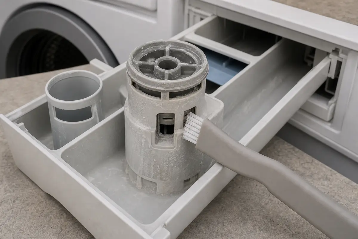 Small soft cleaning brush pointed at the slots of a washer softener insert
