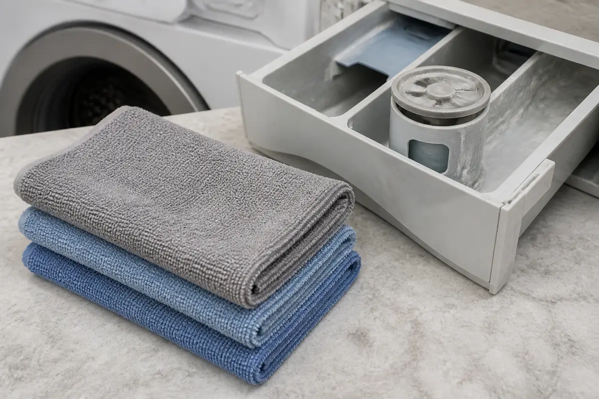 Soft microfiber cloths beside a washer fabric softener dispenser drawer