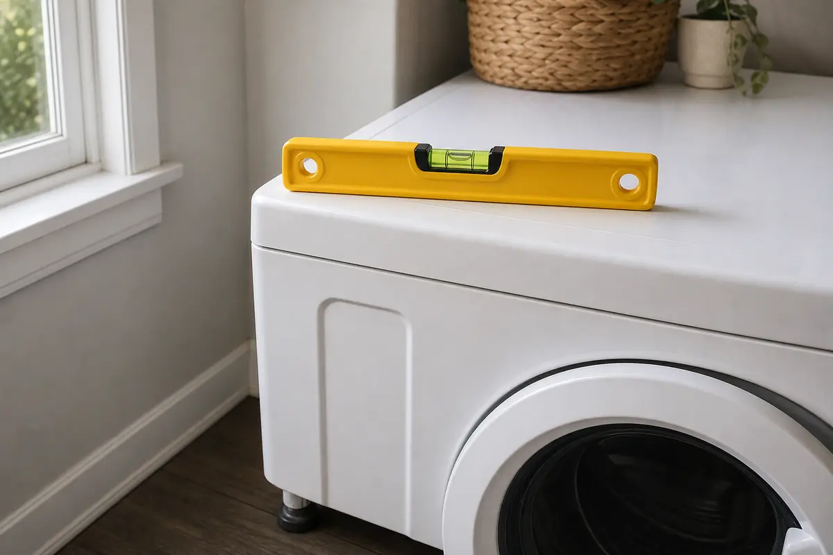 Compact torpedo level resting across a washer top during a leveling check