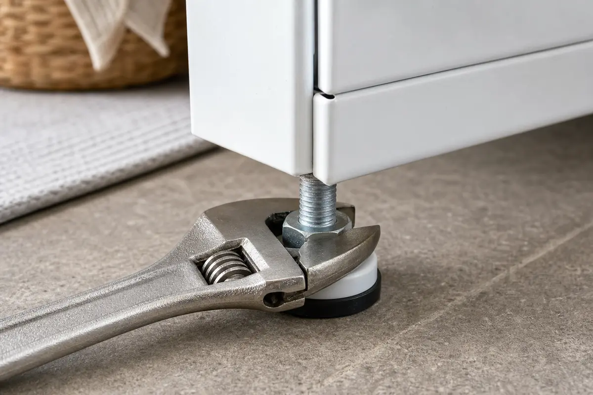 Adjustable wrench fitted to a washer leveling-foot locknut with the machine unplugged