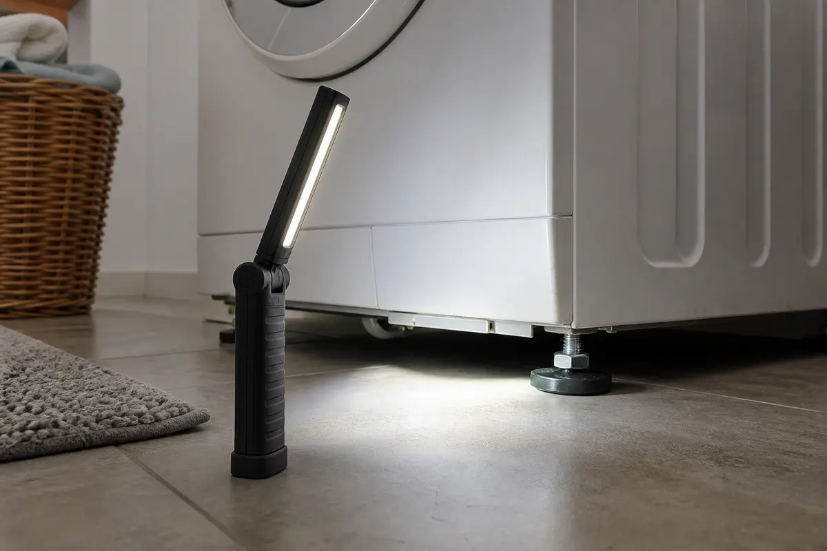 Rechargeable inspection light illuminating a washer foot and model-label check