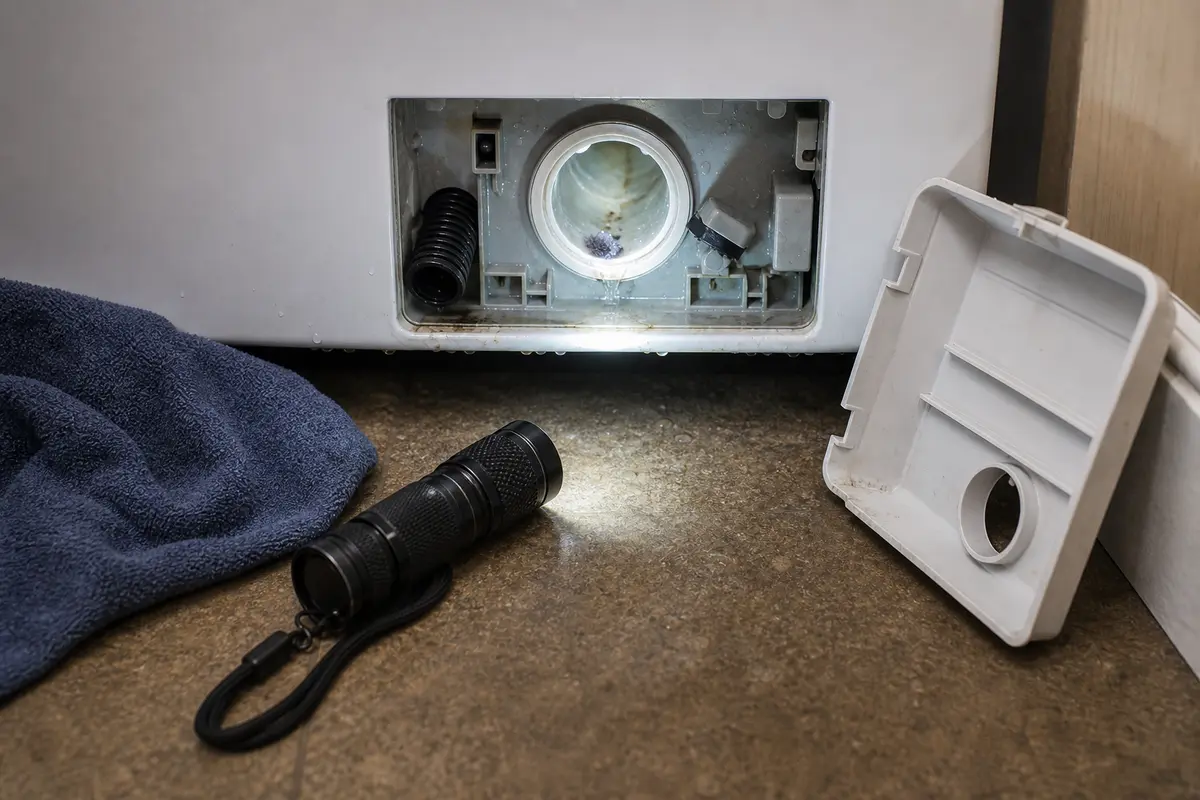 Inspection flashlight aimed at a washer pump cleanout cavity