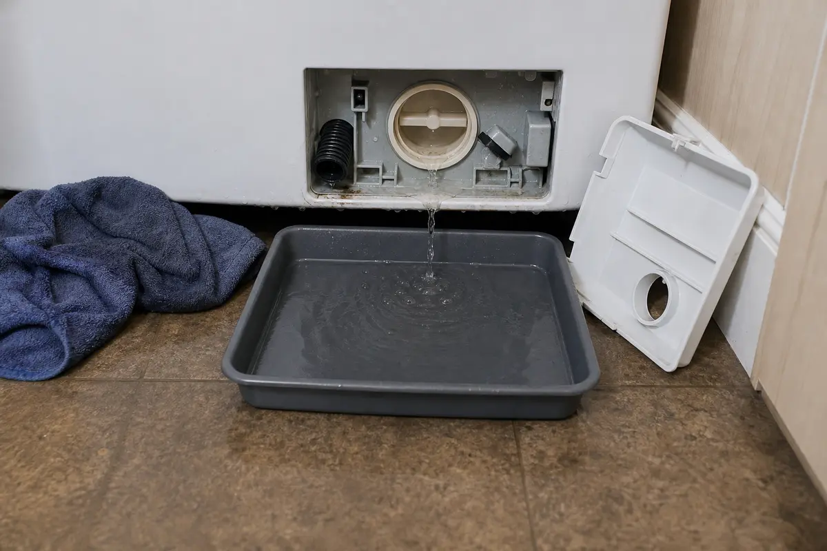 Shallow drain pan below a washer pump filter cleanout