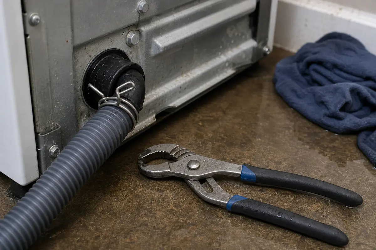 Slip-joint pliers beside a washer drain hose clamp