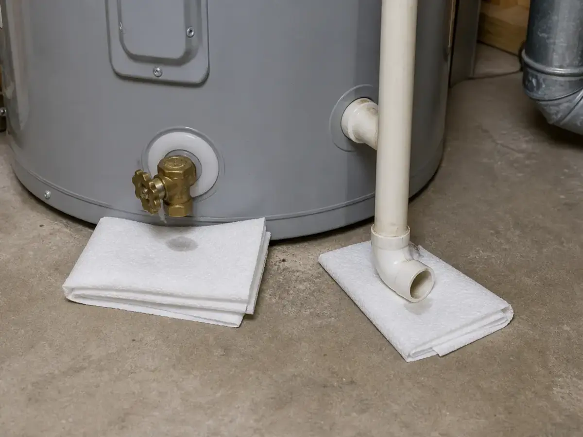 Dry paper towels and clean rags for tracing a water heater drip