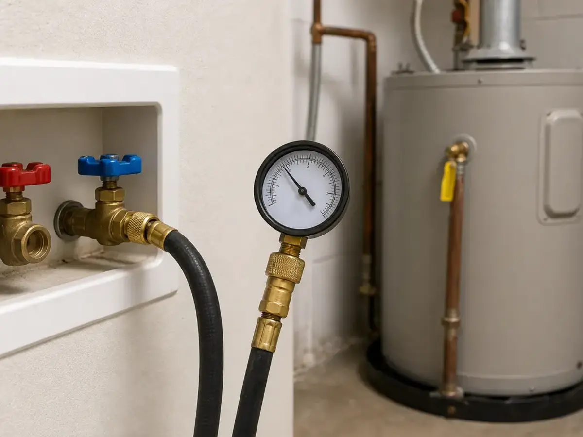 Hose-thread water pressure gauge for checking house pressure near a water heater