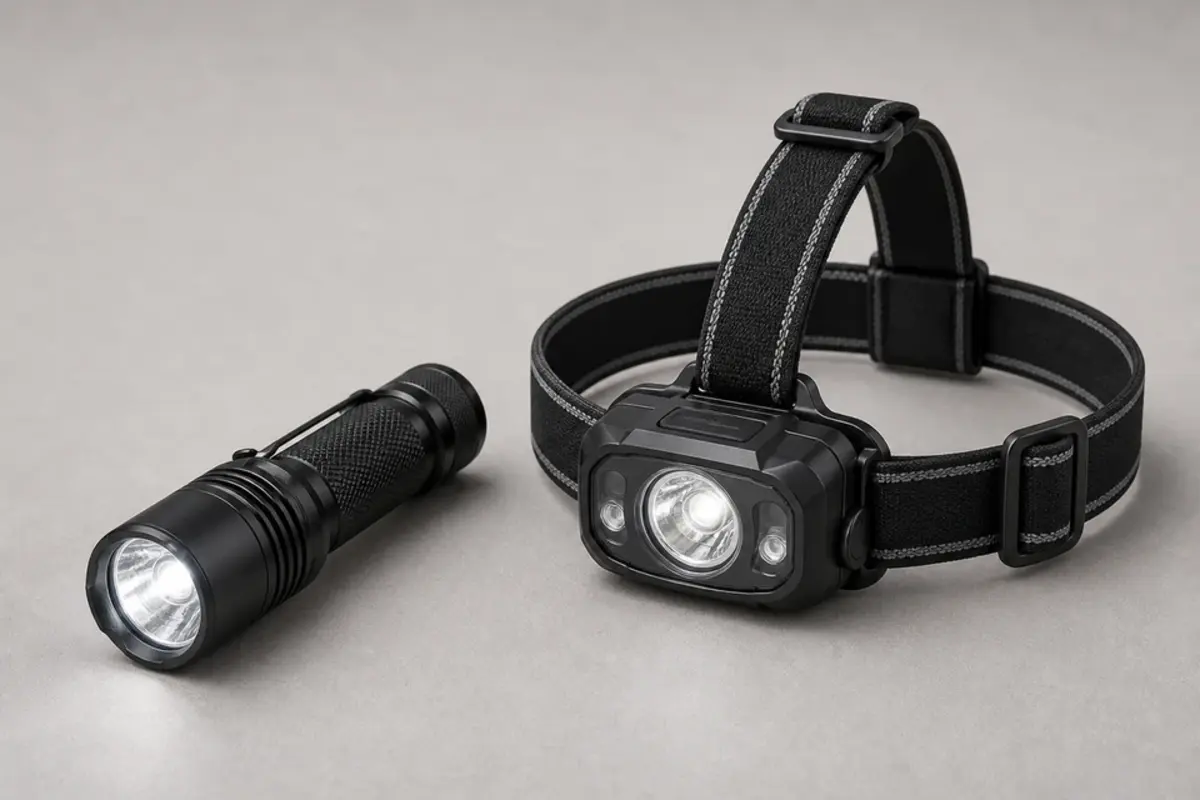 Bright flashlight and headlamp for crawlspace moisture inspection