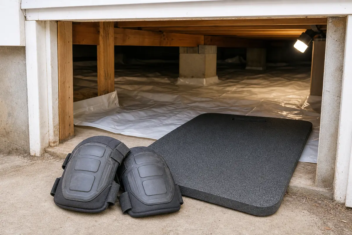 Knee pads and crawl mat staged at a crawlspace entrance for moisture inspection