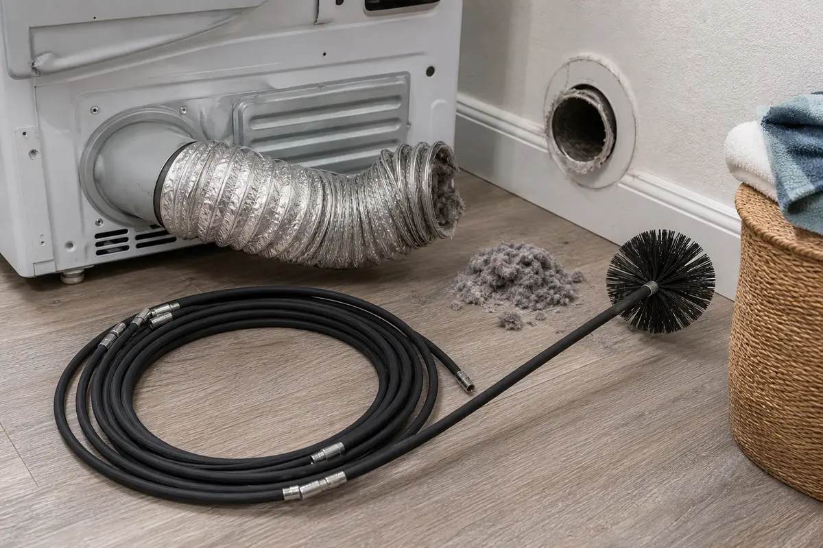 Dryer vent brush kit staged beside a dryer vent hose for check vent light cleaning