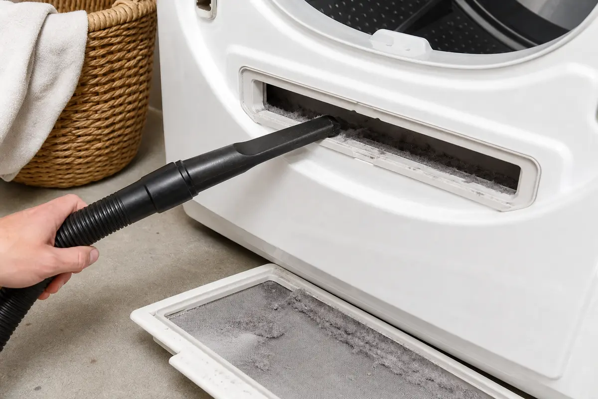 Vacuum crevice tool cleaning lint from dryer lint screen housing