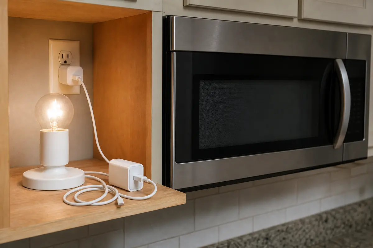 Plug-in lamp and phone charger for checking whether the microwave outlet has power