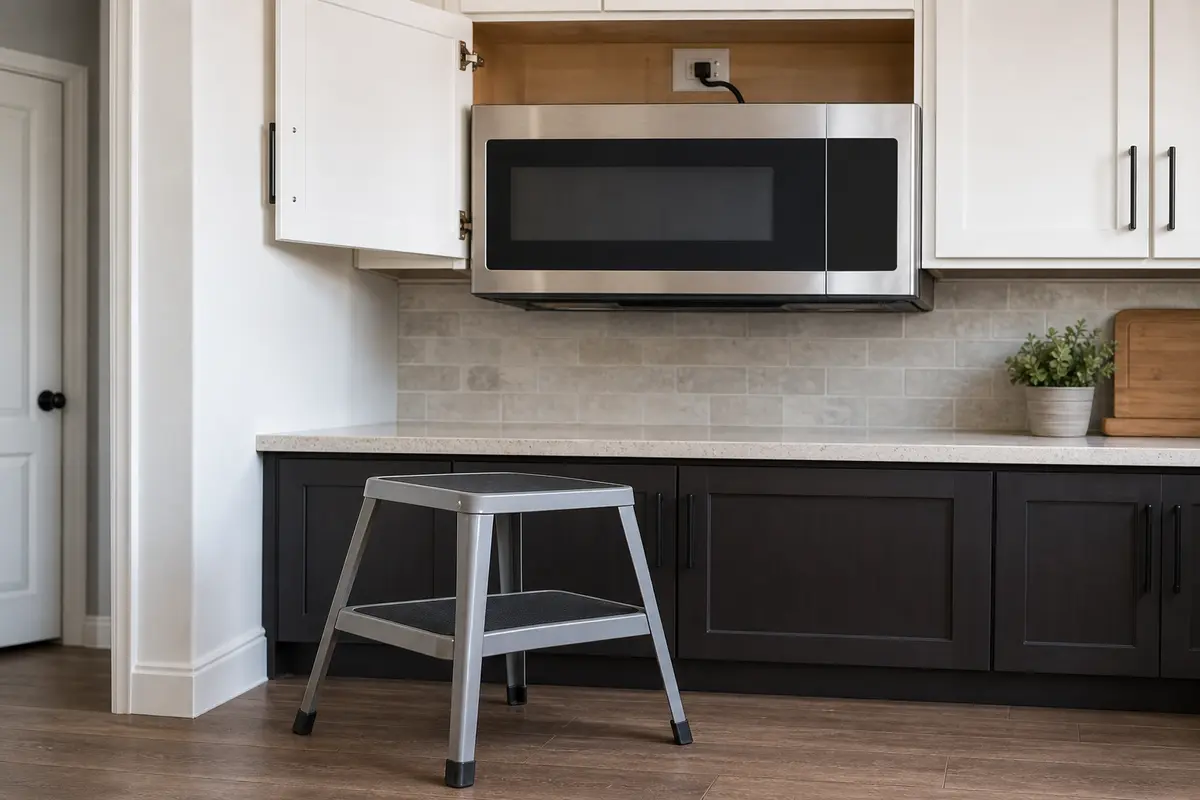 Stable step stool for reaching an upper microwave cabinet outlet