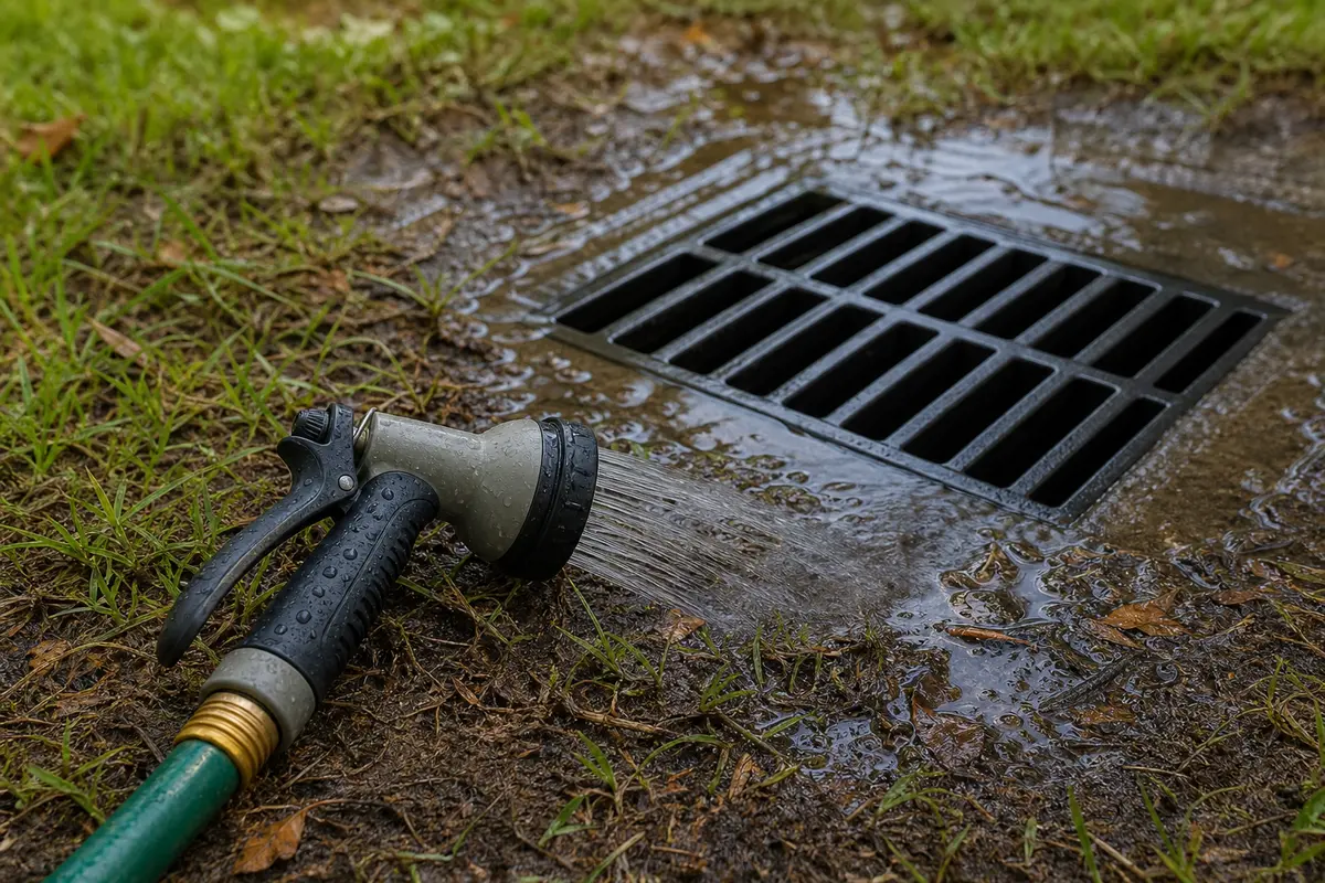 Garden hose with spray nozzle for a controlled yard drain flow test